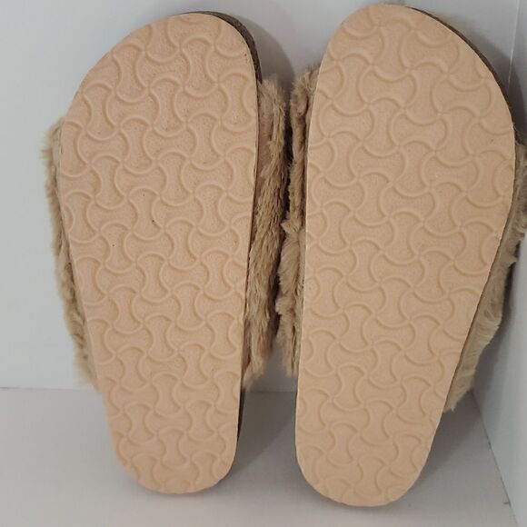 Fitory Faux Rabbit Fur Open Toe Slippers Cork Slide Sandals Beige Women's Size 7 - Picture 7 of 8